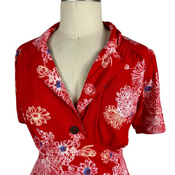 FREE PEOPLE Blue Hawaii Floral Mini Dress Cherry Red Flowers Women's Size XS - Picture 4 of 12